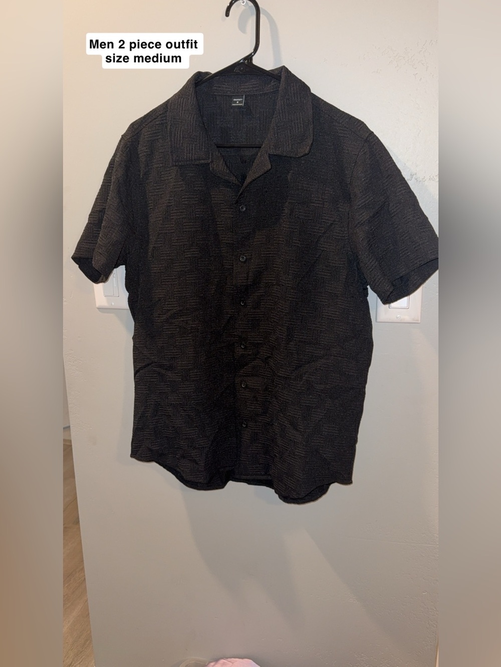 Men's Short Sleeve Black Textured Button-Up Shirt + shorts outfit